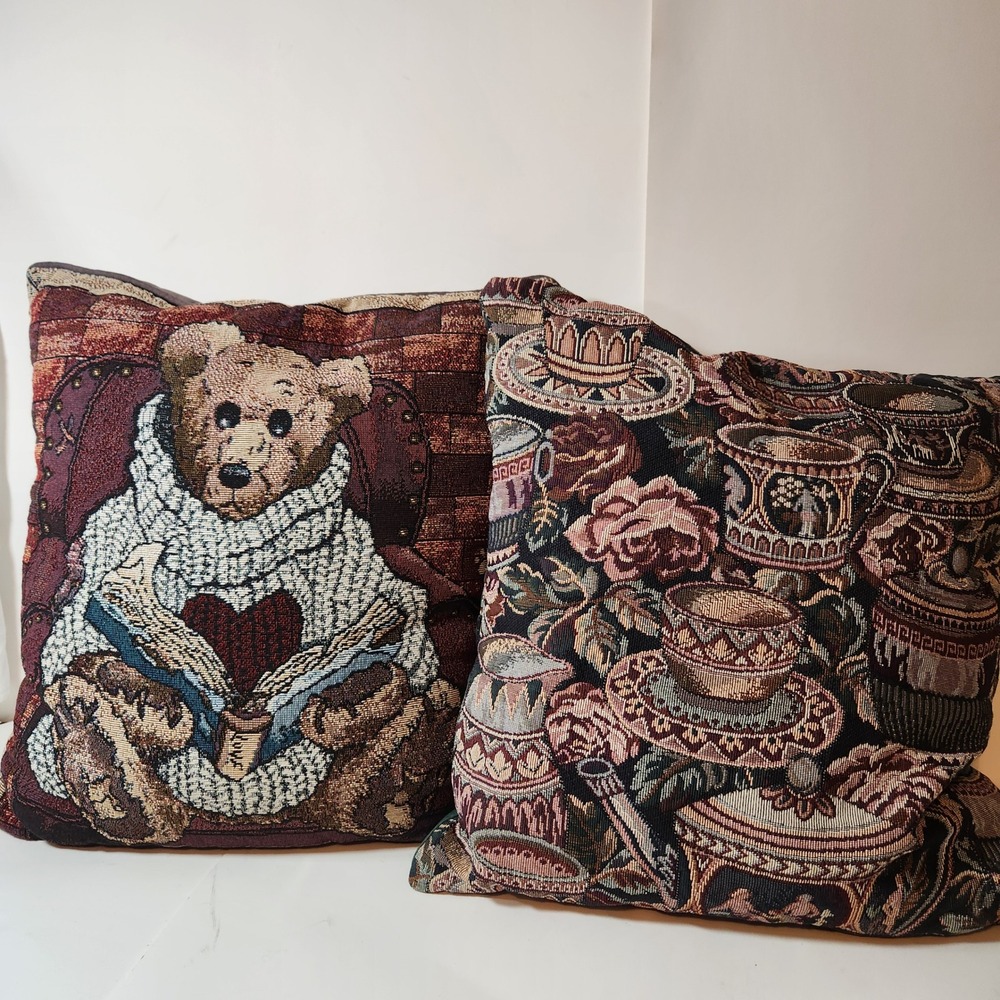 Boyds Bears & Friends Vintage Tapestry Throw‎ Pillows Set of 2 Bear & Teacups